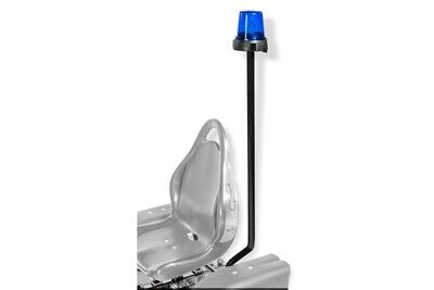 An blue rotating beacon light mounted on a go-kart seat