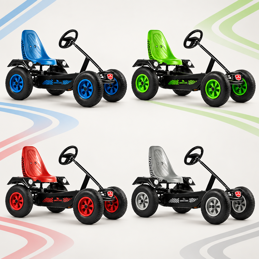 Four Dino Sport ZF go-karts in blue, green, red, and grey, arranged in a 2-by-2 grid.