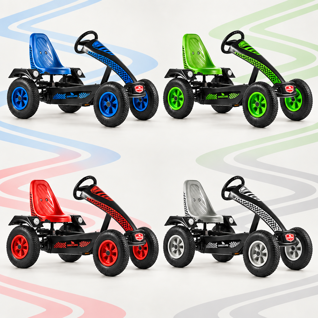 Four Dino Super Sport ZF karts in blue, green, red, and grey with matching coloured zigzag ribbons in the background.